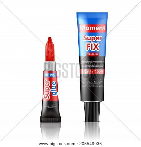 Colorful tubes of super and moment glue with brand information realistic vector isolated on white background with reflection. Different size original container of cyanoacrylate glue for instant gluing