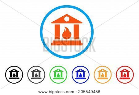 Sacrificial Temple Fire rounded icon. Style is a flat sacrificial temple fire orange symbol inside light blue circle with black, gray, green, blue, red, orange versions.
