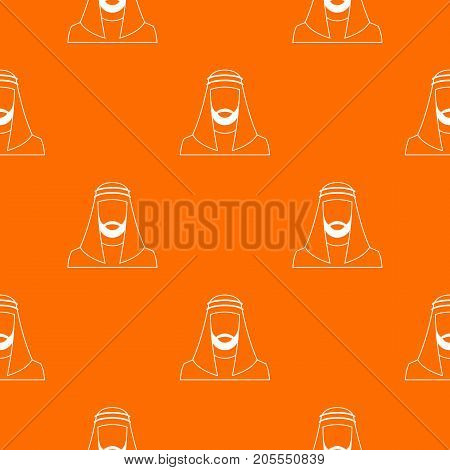 Arabic man in traditional muslim hat pattern repeat seamless in orange color for any design. Vector geometric illustration