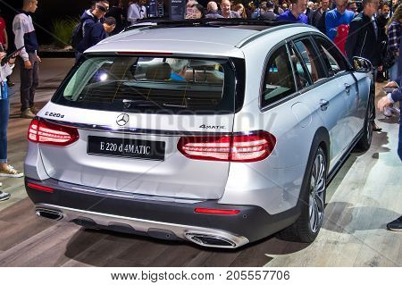 Frankfurt-September 20: Mercedes-Benz E 220 d 4 matic All-Terrain T-Model at the Frankfurt International Motor Show on September 20 2017 in Frankfurt
