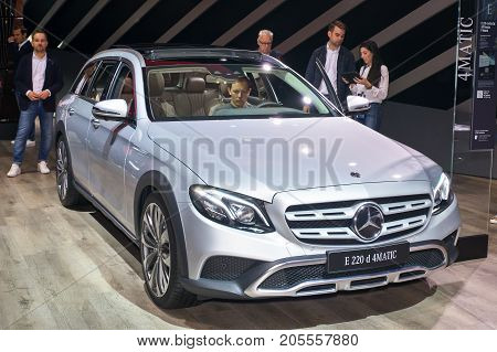 Frankfurt-September 20: Mercedes-Benz E 220 d 4 matic All-Terrain T-Model at the Frankfurt International Motor Show on September 20 2017 in Frankfurt
