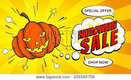 Halloween Sale Web Banner with Pumpkin. Holiday yellow Card with Seasonal Offer. Vector Illustration in Pop Art Style.