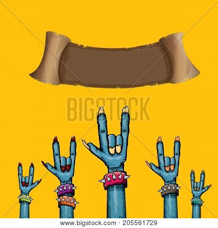 vector blue cartoon Zombie hand shows rock n roll gesture isolated on orange background with space for text . vector Zombie party halloween background or poster design template