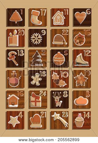 Adventcalendar with twentyfour christmas asset in gold
