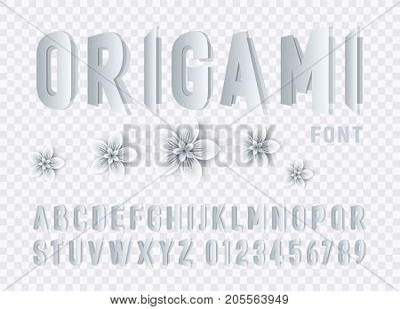 Folded paper alphabet letters and numbers with origami flowers. origami font on transparent background.