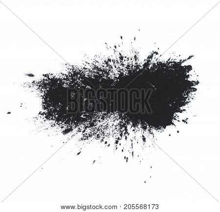 Black powder isolated on white background. Ink toner explosion.