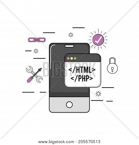 smartphone with web code programming software vector illustration