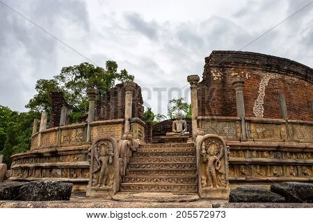 Vatadage or circular relic house in Polonnaruwa ruins. Unesco world heritage on Sri Lanka.