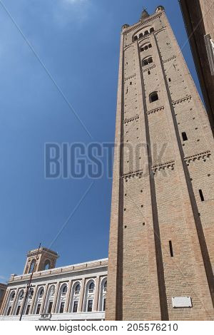 Forli (Emilia Romagna Italy): the Aurelio Saffi square with church of San Mercuriale and other historic buildings