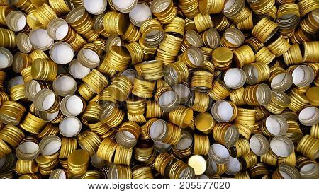 Pile of bottle metal screw caps as pattern background large group of shiny objects as texture