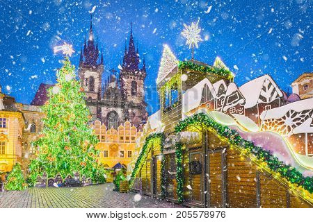 Christmas tree in magical city of Prague at night Czech Republic