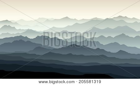 Vector horizontal illustration of morning misty landscape with mountain ranges.