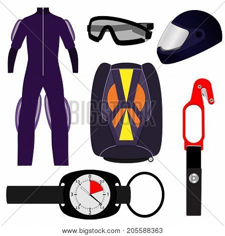 Equipment For Skydiving, Set. Rig, Altimeter, Hook Knife, Helmet, Jumpsuit, Goggles. Vector Illustra