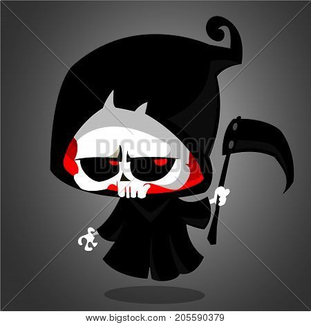 Cute cartoon grim reaper with scythe isolated on white. Vector illustration