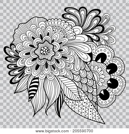 Black and white coloring. Floral tattoo artwork. Beautiful flower composition for tattoo. Doudle art floral composition. Zentangle floral ornament. Black line art on transparent background.