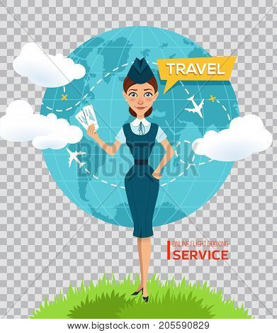 Online flight booking service. Buy tickets online. Advertising poster, banner. Stewardess keeps air tickets and offers to go on trip around world. Vector illustration on transparent background.