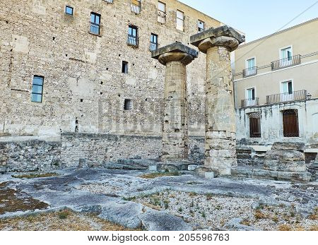 Doric Columns Of The Temple Of Poseidon At Taranto. Apulia, Italy