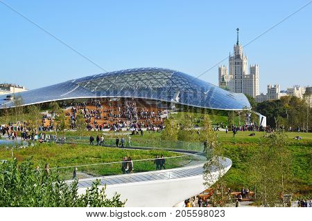 Moscow, Russia - September 23. 2017. Glass bark and amphitheater in the new park Zaryadye.
