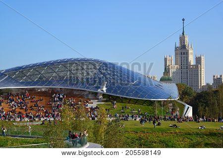Moscow, Russia - September 23. 2017. Glass bark and amphitheater in the new park Zaryadye.