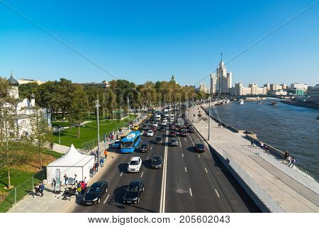 Moscow, Russia - September 23. 2017. Traffic on Moskvoretskaya embankment of the Moskva River.