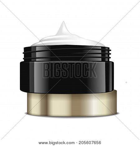 Round black plastic jar with gold cap for cosmetics. Open container. Vector mockup template for your design