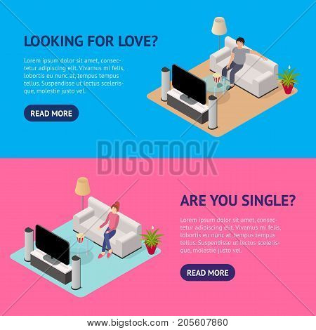 Young Man and Voman Watching Tv Banner Horizontal Set Isometric View Interior Living Room. Vector illustration