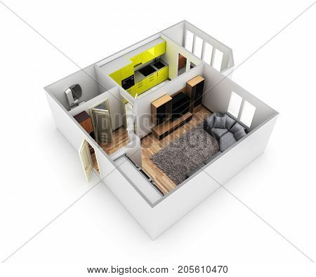 Interior Apartment Roofless Perspective View Apartment Layout 3D Render