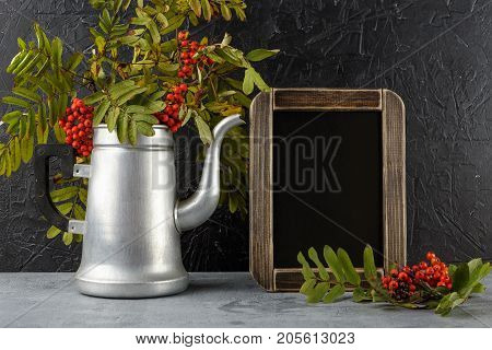 Rowan branches in metal old coffee pot and black chalkboard on dark background