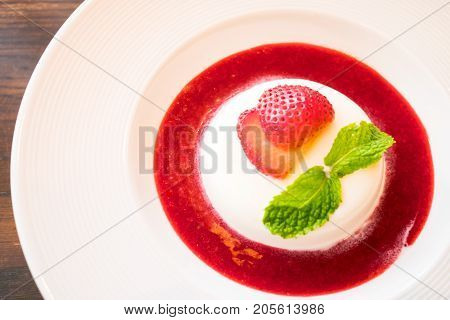 Panacotta With Fresh Strawberry And Sauce On Dish