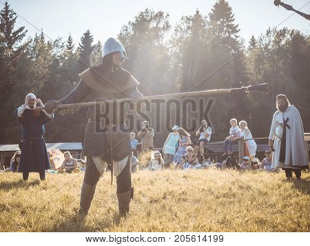 Moscow,russia-june 06,2016: Martial Duel Of Two Medieval Spearman Warriors. Opponents With Spear In