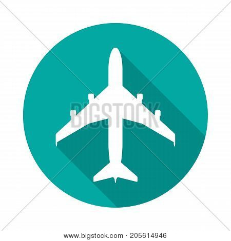 Airplane circle icon with long shadow. Flat design style. Airplane simple silhouette. Modern minimalist round icon in stylish colors. Web site page and mobile app design vector element.