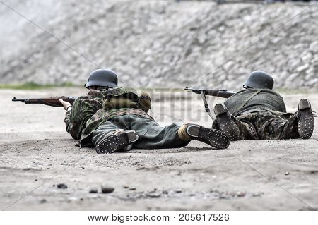 Gryfino Poland 23 september 2017: Historical reconstruction of the battle at Arnhem a German soldier aiming with a rifle.