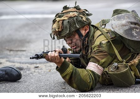 Gryfino Poland 23 september 2017: Historical reconstruction of the battle at Arnhem a target soldier with a rifle.
