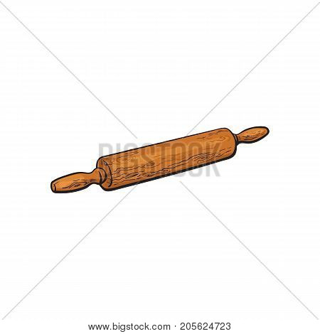 Wooden rolling pin, roller for dough flattening, sketch style vector illustration isolated on white background. Hand drawn wooden rolling pin, dough roller, isolated vector illustration