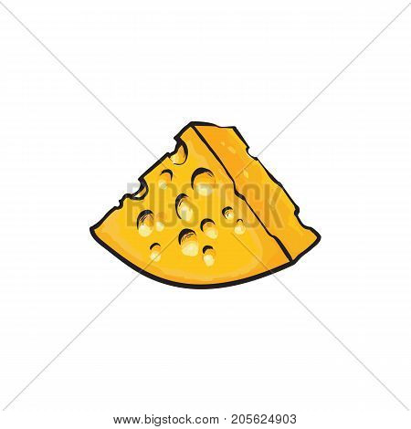 Chunk, triangular piece of Swiss, Emmental cheese, sketch style vector illustration on white background. Realistic hand drawing of big chunk of Swiss cheese