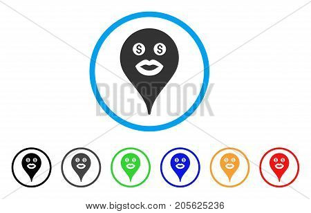Prostitute Smiley Map Marker rounded icon. Style is a flat prostitute smiley map marker grey symbol inside light blue circle with black, gray, green, blue, red, orange color versions.
