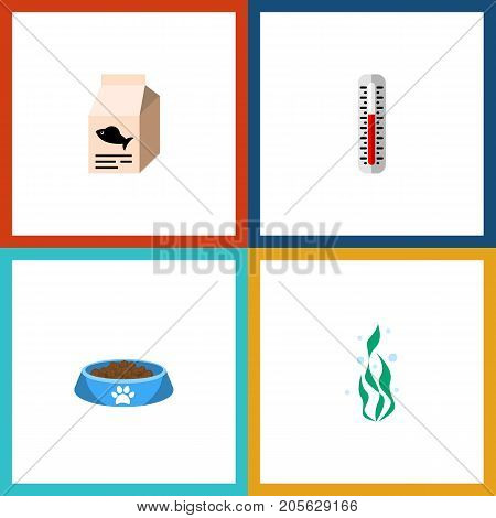 Flat Icon Pets Set Of Temperature Measurement, Cat  Eating, Fish Nutrient And Other Vector Objects