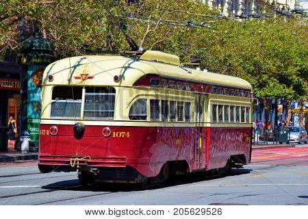 September 19, 2017 in San Francisco, CA:  Railway Street Car which is part of the public transit system taken in San Francisco, CA where people can ride on this historic Street Car between the Castro and Fisherman's Warf on Market Street