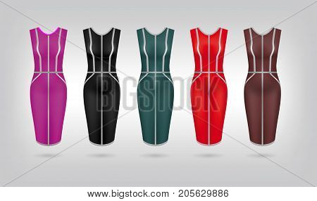 Set of 5 retro woman dresses. Vector art image illustration isolated on background