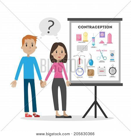 Learning about contraception. Young couple with chart board on white.