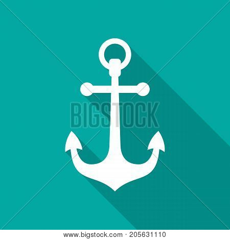Anchor icon with long shadow. Flat design style. Anchor simple silhouette. Modern minimalist icon in stylish colors. Web site page and mobile app design vector element.