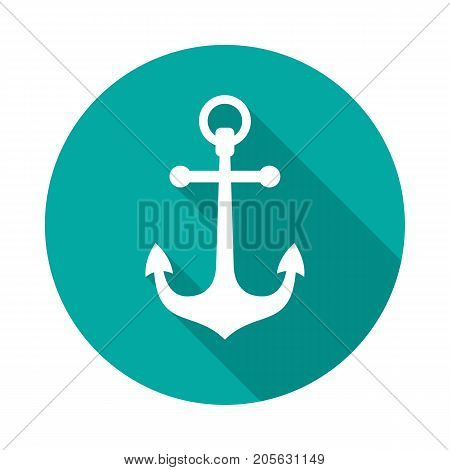 Anchor circle icon with long shadow. Flat design style. Anchor simple silhouette. Modern minimalist round icon in stylish colors. Web site page and mobile app design vector element.