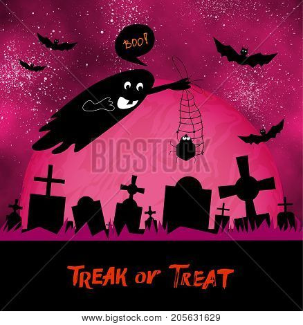 Treak or Treat card with graveyard, moon and bats. Dark banner concept with old gothic ghost cemetery. Cartoon spooky party invitations, cards and flyers, decoration element. Poster, placard designs.