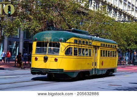 September 19, 2017 in San Francisco, CA:  Railway Street Car which is part of the city's transit system taken in San Francisco, CA where people can commute on this Historic Rail Street Car between the Castro and Fisherman's Warf on Market Street