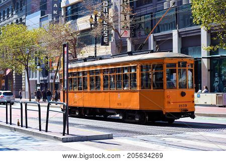 September 19, 2017 in San Francisco, CA:  Historic Railway Street Car used for public transit taken in San Francisco, CA where people can ride on these refurbished historic street cars on Market Street between the Castro District and Fisherman's Warf