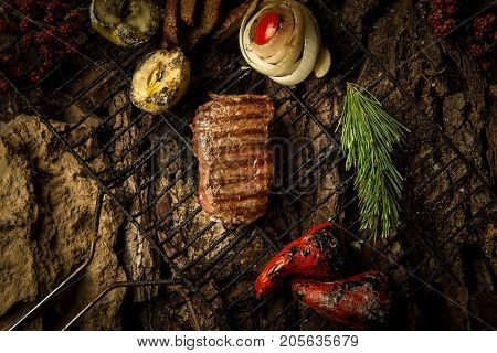 a piece of roasted meat with vegetables on the grill on a background of tree bark