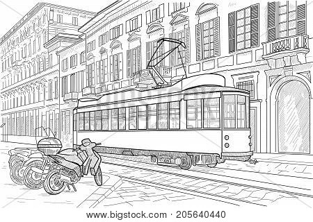 Figure Milan street with tram and motorcycles