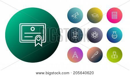 Collection Of Graduation Cap, Graduated, Pen And Other Elements.  Set Of 10 Science Outline Icons Set.