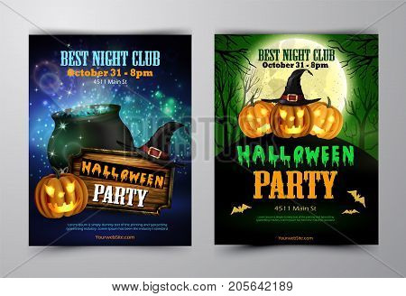 Halloween party flyer set with pumpkins, hat, pot and wooden board vector