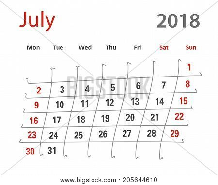 2018 funny original grid July creative calendar template vector illustration. English language.